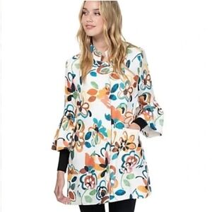 NUAGE Women’s Floral Print Coat Jacket Bell Pleated Sleeve Retro Mod Style Large